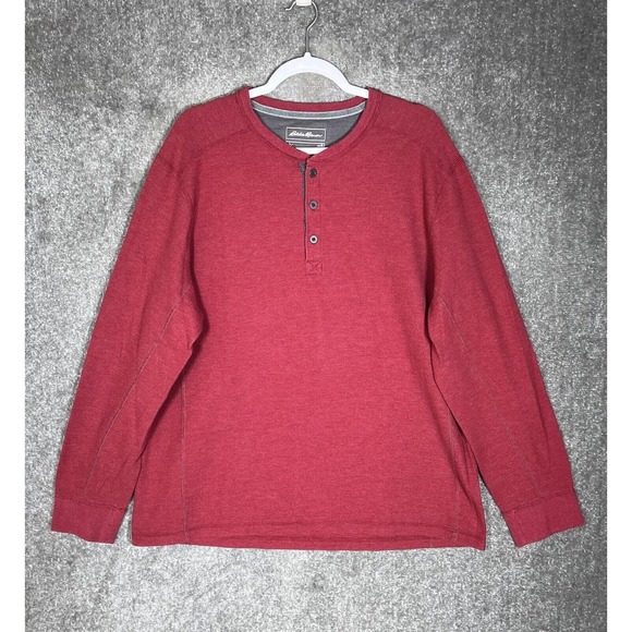 Eddie Bauer Henley Shirt Mens Size‎ XL Red Waffle Knit Long Sleeve Cotton Blend - Picture 1 of 8